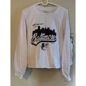 Women WEAR by Erin Andrews White Baltimore Orioles Long Sleeve Cropped Tee Large